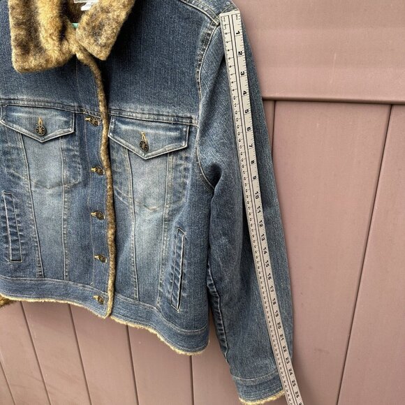 Vintage Marvin Richards Blue Denim Jean Jacket Faux Fur Lined Sz Medium 90s Y2K - Picture 9 of 14